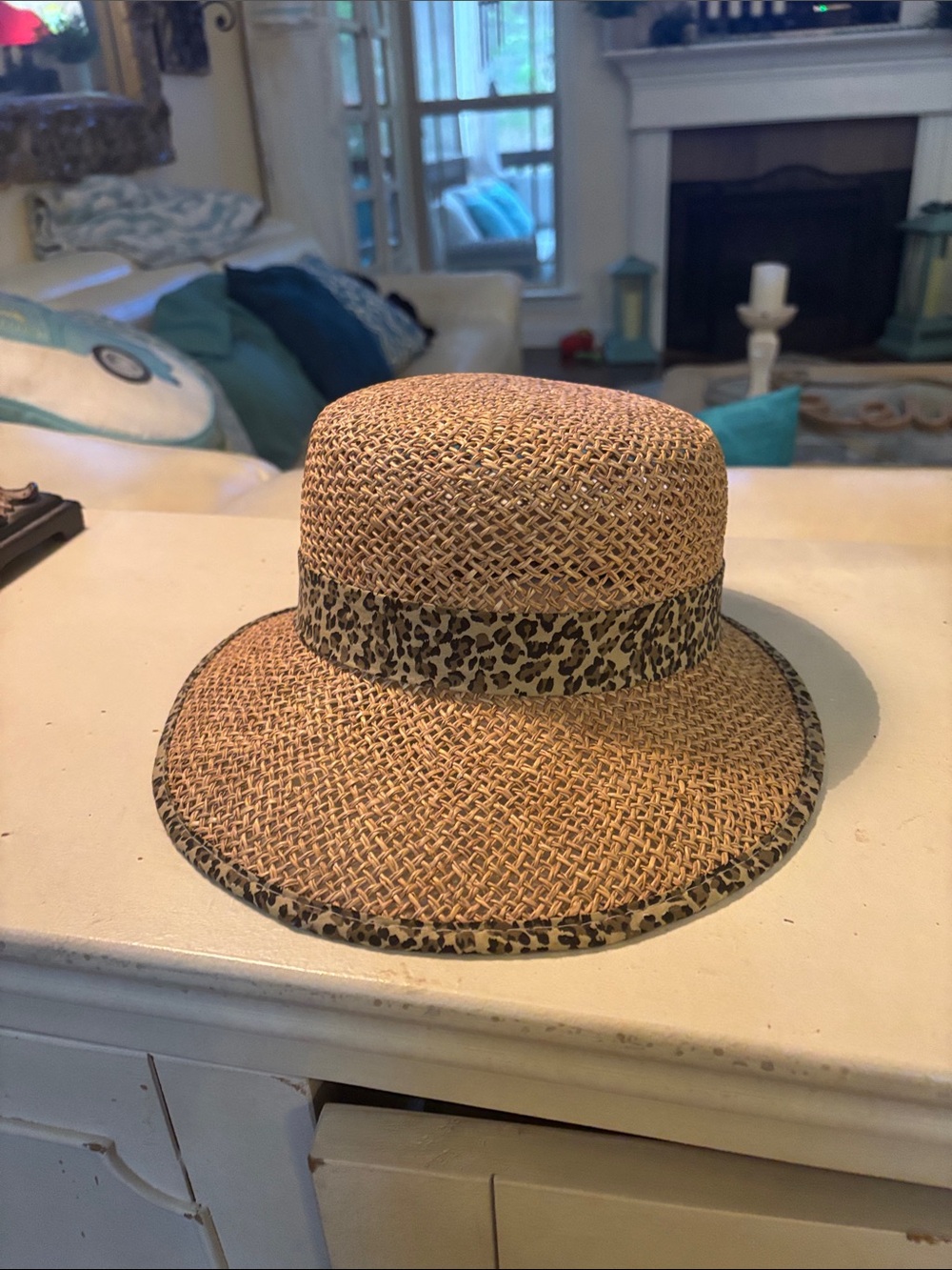 Woven Straw Sun Hat with Leopard Trim - Picture 5 of 5